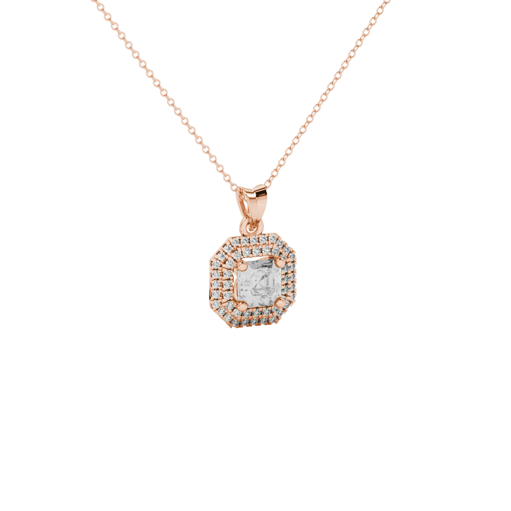 Octagon halo gemstone pendant in gold featuring an Asscher cut center gemstone surrounded by sparkling round accent diamonds