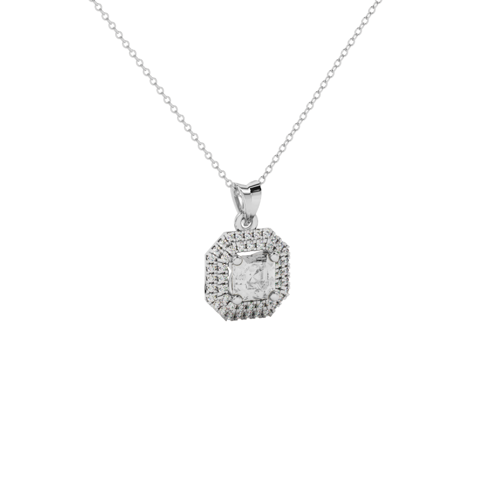Octagon halo gemstone pendant in gold featuring an Asscher cut center gemstone surrounded by sparkling round accent diamonds