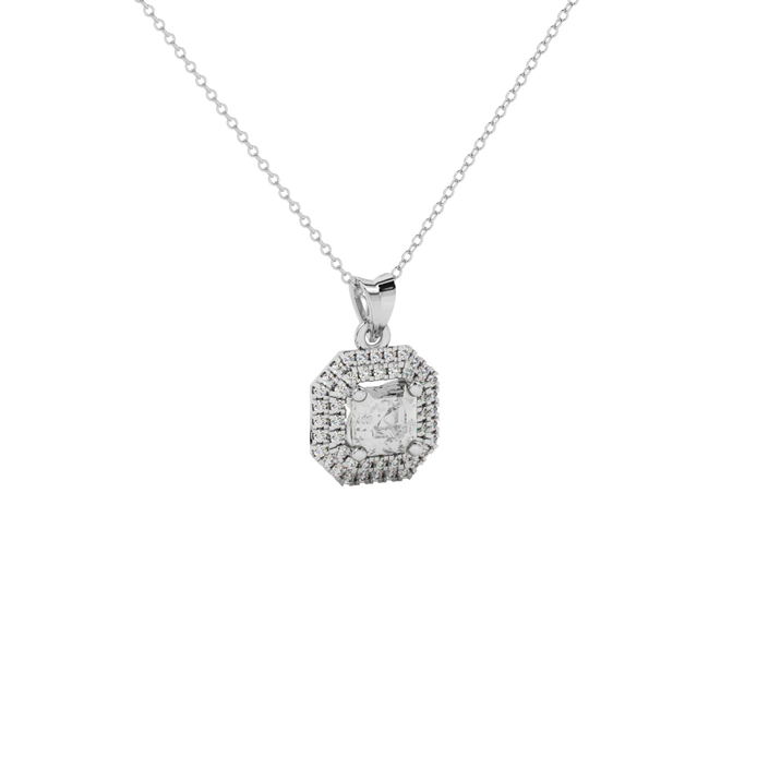 Octagon halo gemstone pendant in gold featuring an Asscher cut center gemstone surrounded by sparkling round accent diamonds