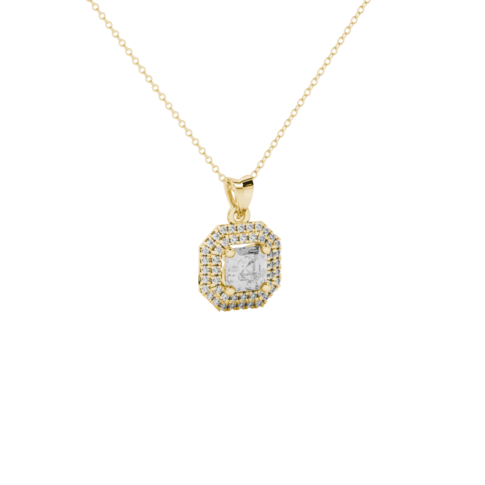 Octagon halo gemstone pendant in gold featuring an Asscher cut center gemstone surrounded by sparkling round accent diamonds