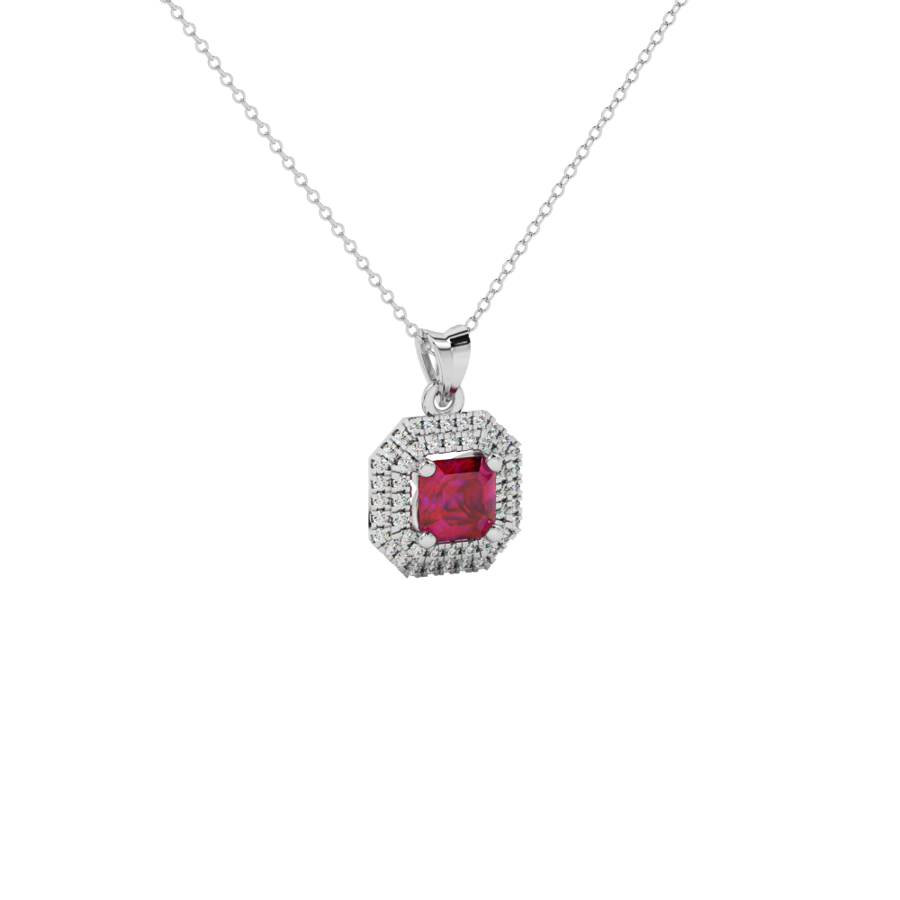 Octagon halo gemstone pendant in gold featuring an Asscher cut center gemstone surrounded by sparkling round accent diamonds
