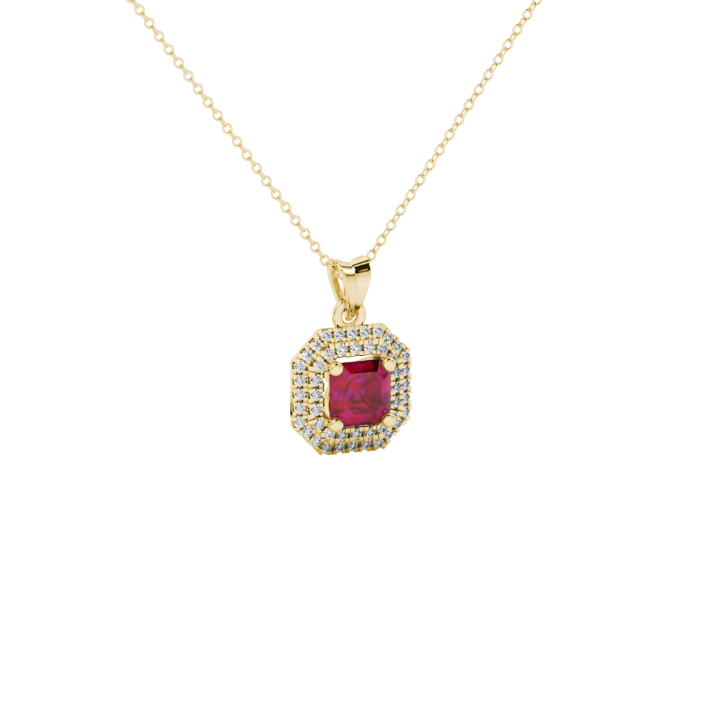 Octagon halo gemstone pendant in gold featuring an Asscher cut center gemstone surrounded by sparkling round accent diamonds