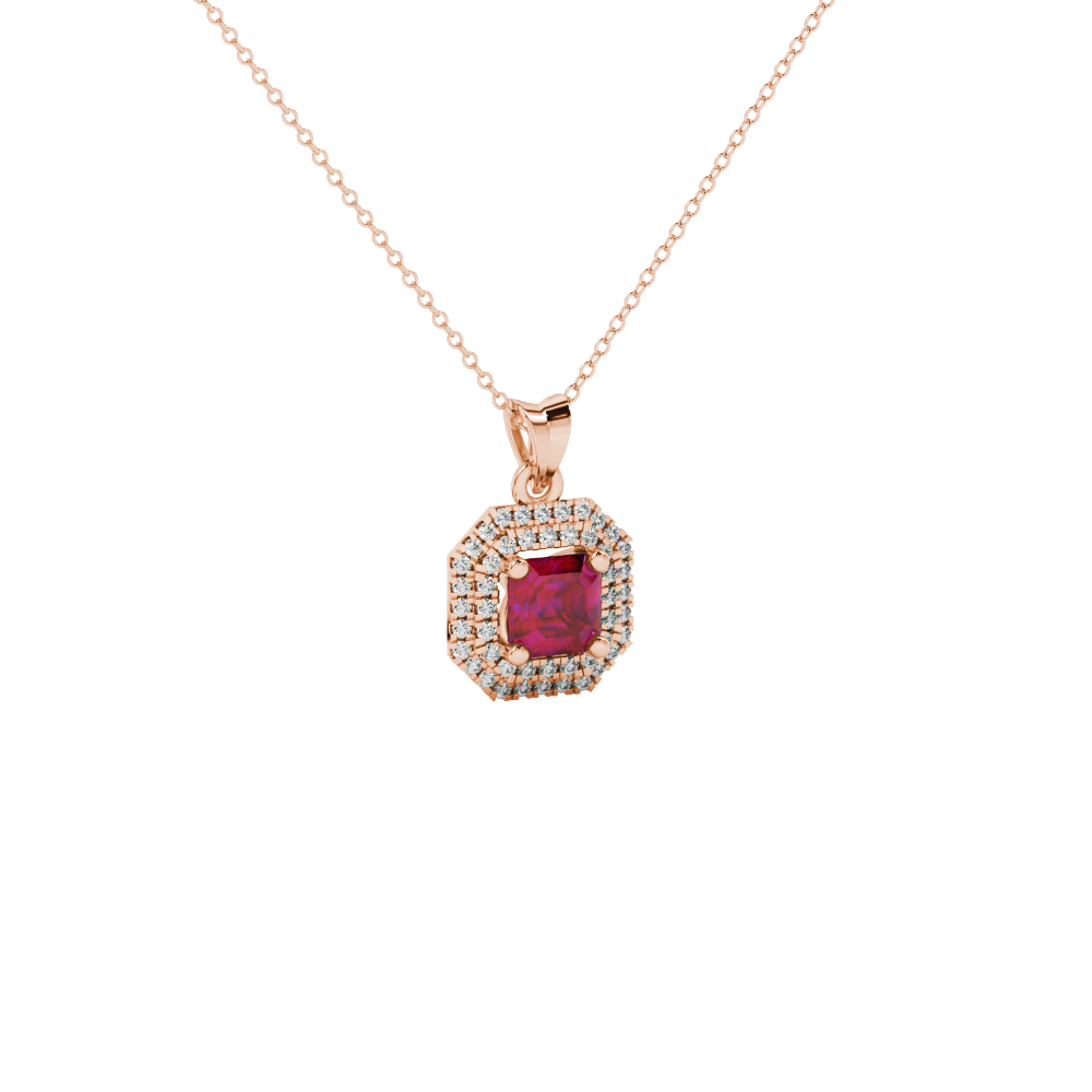 Octagon halo gemstone pendant in gold featuring an Asscher cut center gemstone surrounded by sparkling round accent diamonds