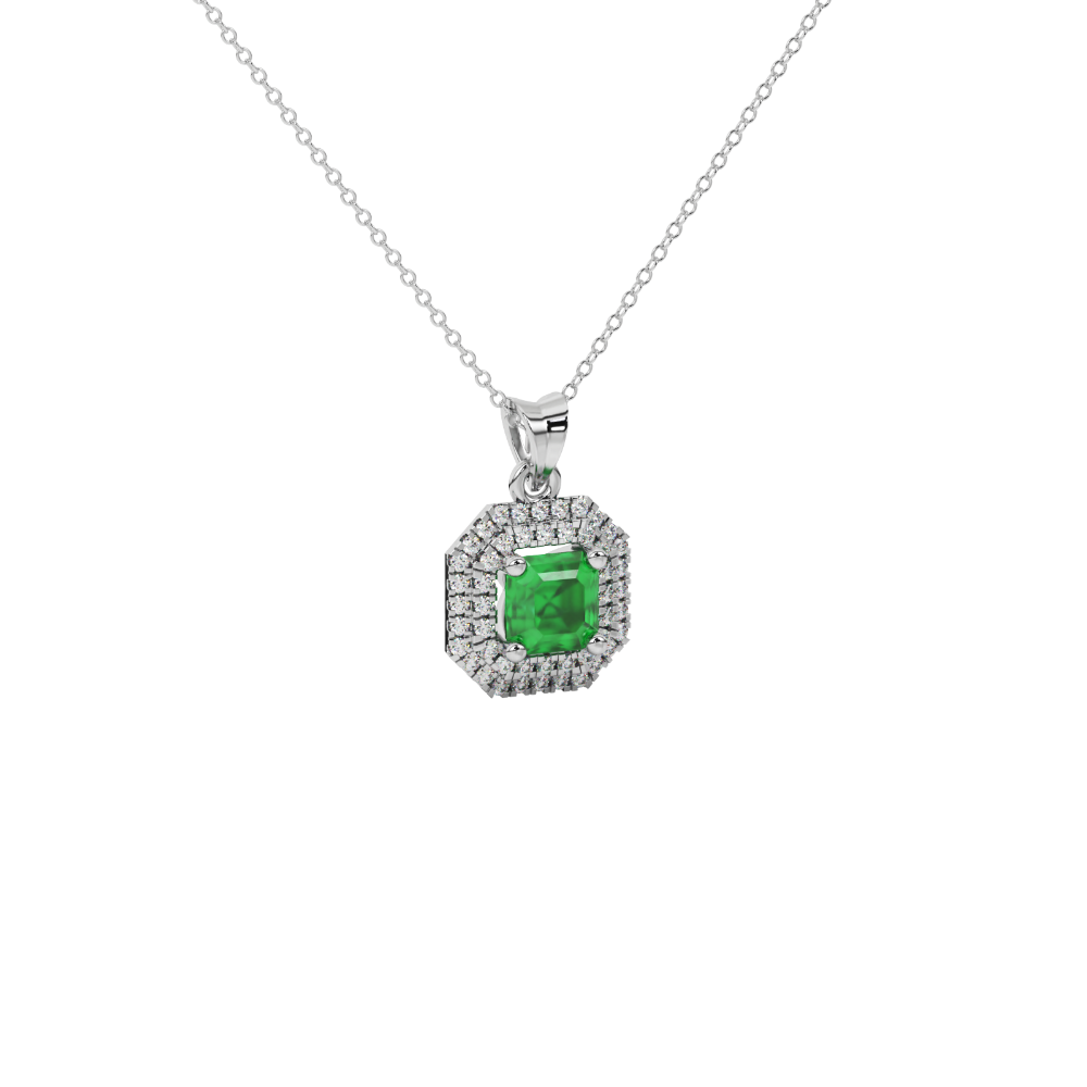 Octagon halo gemstone pendant in gold featuring an Asscher cut center gemstone surrounded by sparkling round accent diamonds