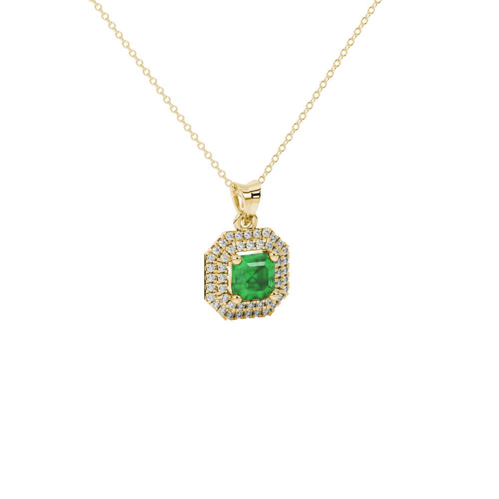 Octagon halo gemstone pendant in gold featuring an Asscher cut center gemstone surrounded by sparkling round accent diamonds