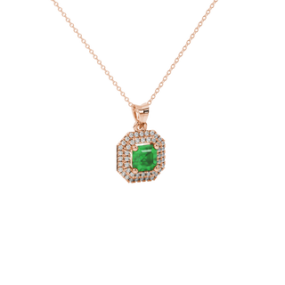 emerald green gemstone double halo pendant in rose gold
