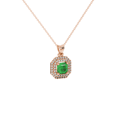 emerald green gemstone double halo pendant in rose gold
