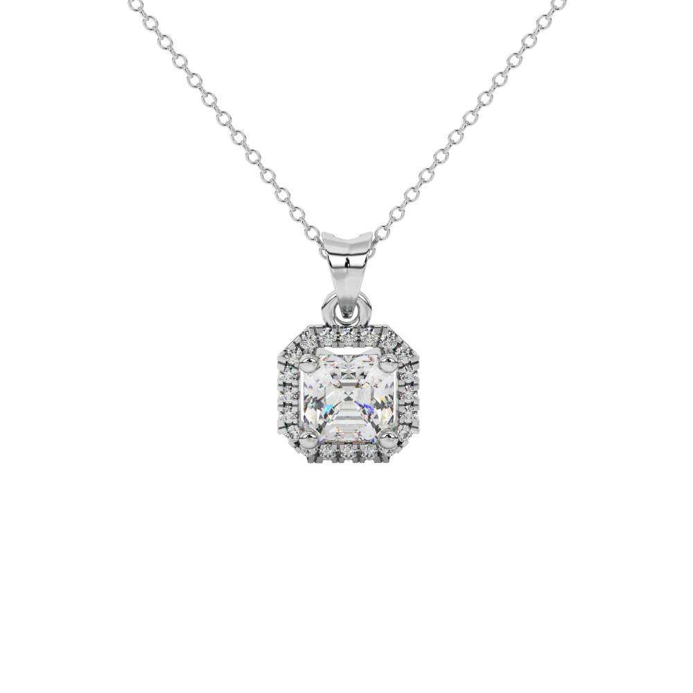 Asscher cut halo gemstone pendant in gold featuring a 5.00 MM center gemstone surrounded by a sparkling diamond halo