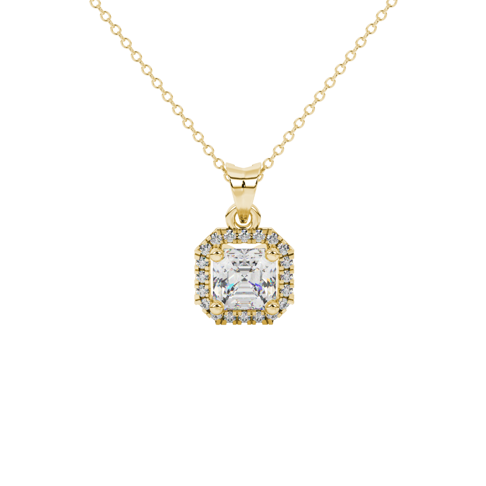 Asscher cut halo gemstone pendant in gold featuring a 5.00 MM center gemstone surrounded by a sparkling diamond halo