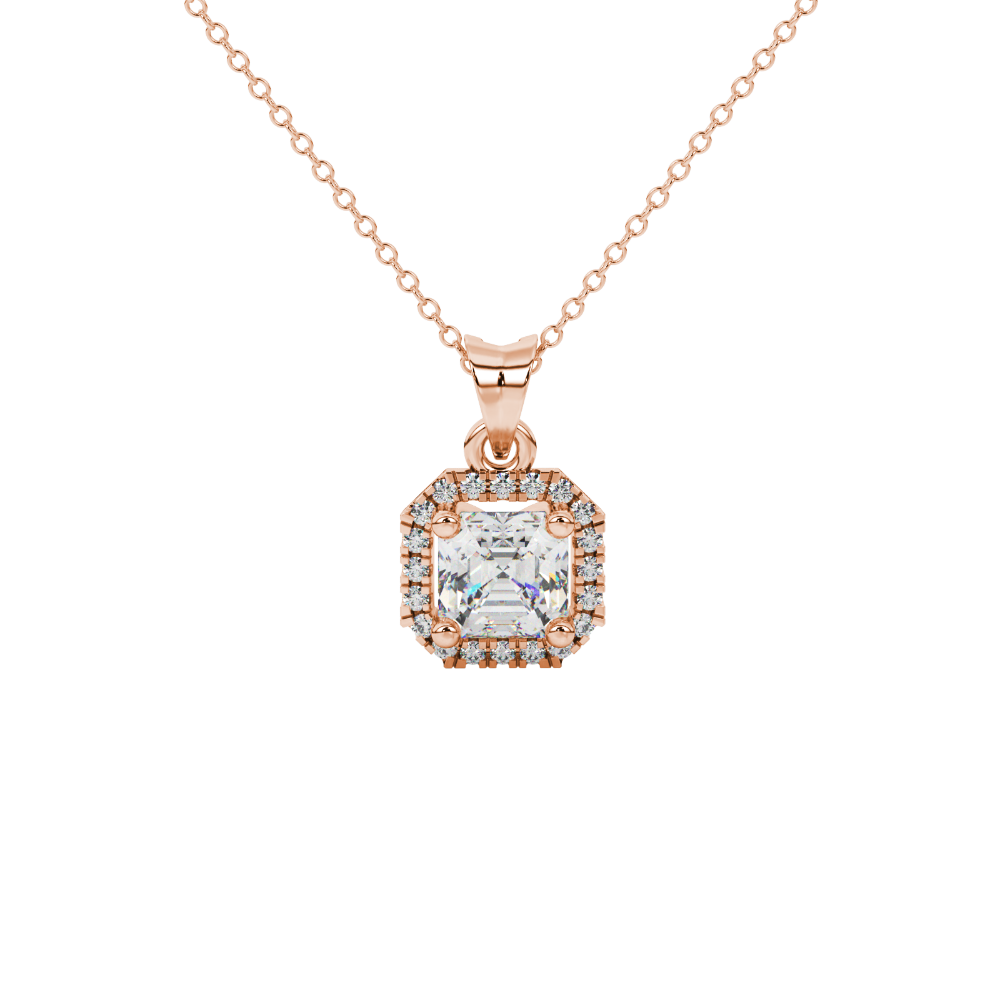 Asscher cut halo gemstone pendant in gold featuring a 5.00 MM center gemstone surrounded by a sparkling diamond halo