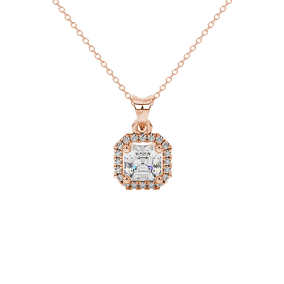Asscher cut halo gemstone pendant in gold featuring a 5.00 MM center gemstone surrounded by a sparkling diamond halo