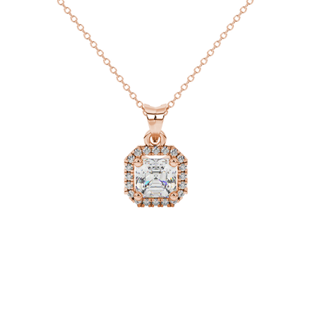 Asscher cut halo gemstone pendant in gold featuring a 5.00 MM center gemstone surrounded by a sparkling diamond halo