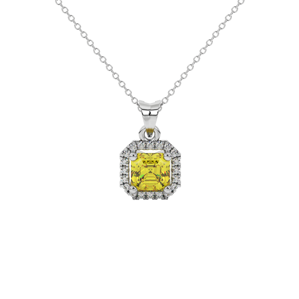 Asscher cut halo gemstone pendant in gold featuring a 5.00 MM center gemstone surrounded by a sparkling diamond halo