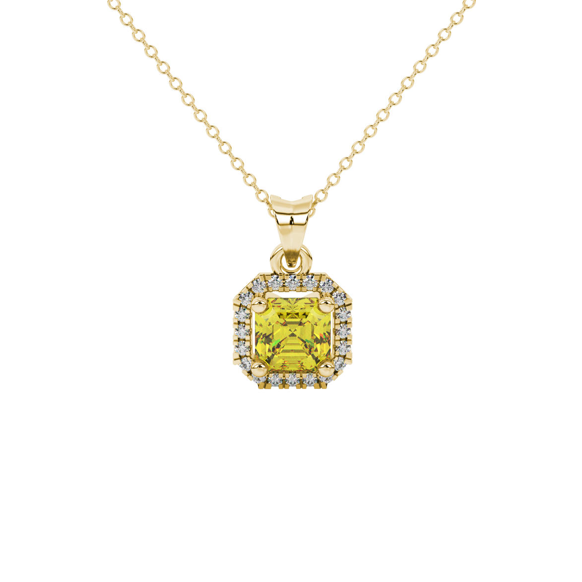 Asscher cut halo gemstone pendant in gold featuring a 5.00 MM center gemstone surrounded by a sparkling diamond halo