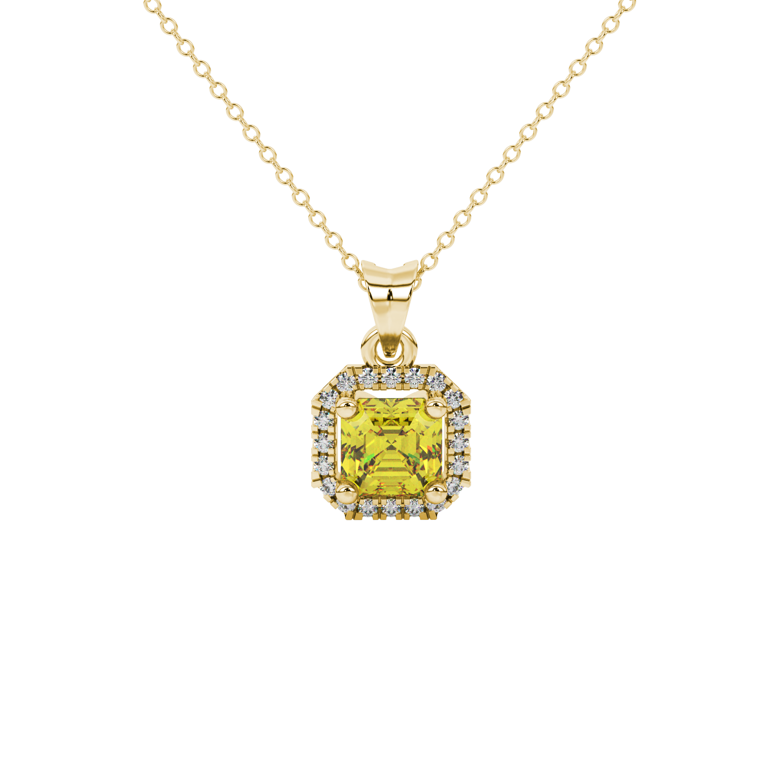 Asscher cut halo gemstone pendant in gold featuring a 5.00 MM center gemstone surrounded by a sparkling diamond halo