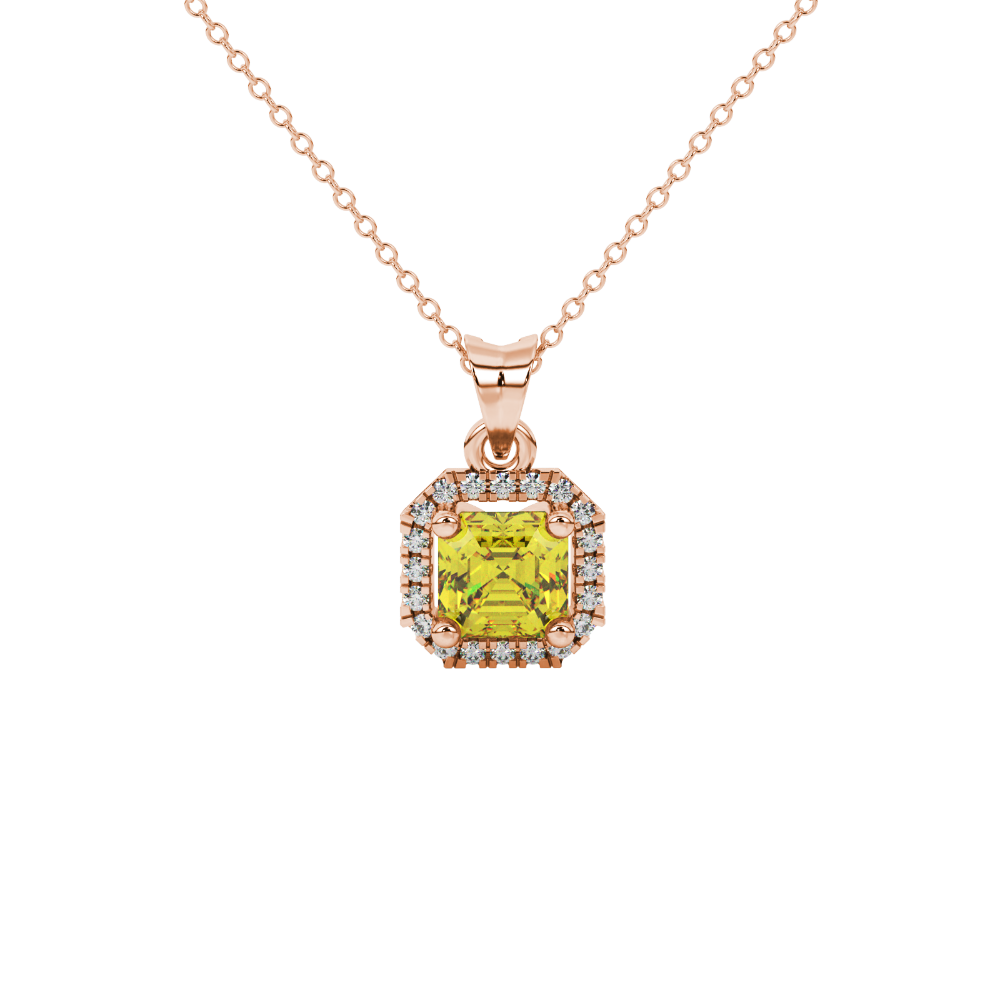 Asscher cut halo gemstone pendant in gold featuring a 5.00 MM center gemstone surrounded by a sparkling diamond halo