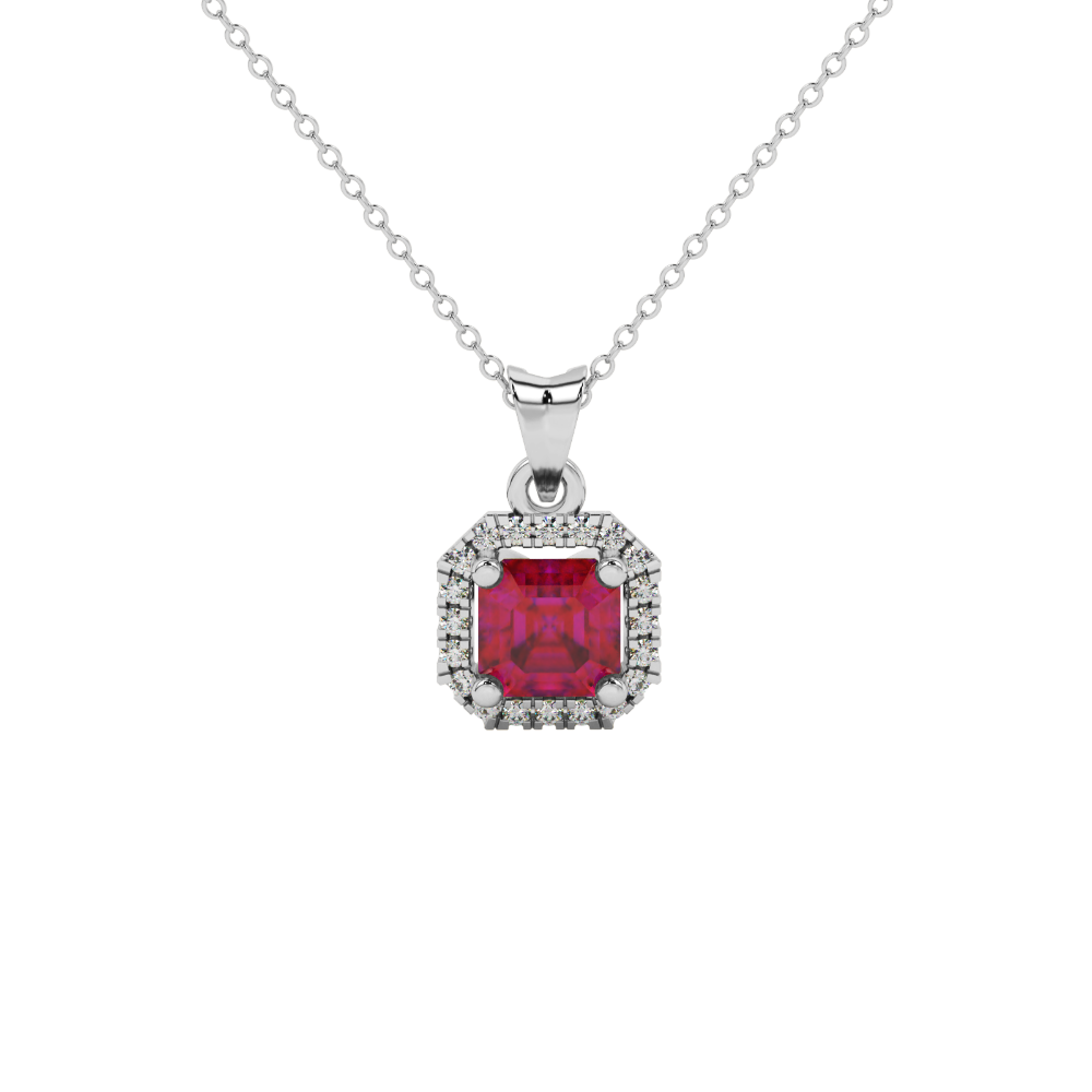 Asscher cut halo gemstone pendant in gold featuring a 5.00 MM center gemstone surrounded by a sparkling diamond halo