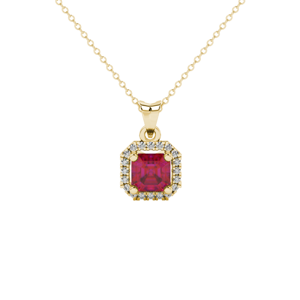 Asscher cut halo gemstone pendant in gold featuring a 5.00 MM center gemstone surrounded by a sparkling diamond halo