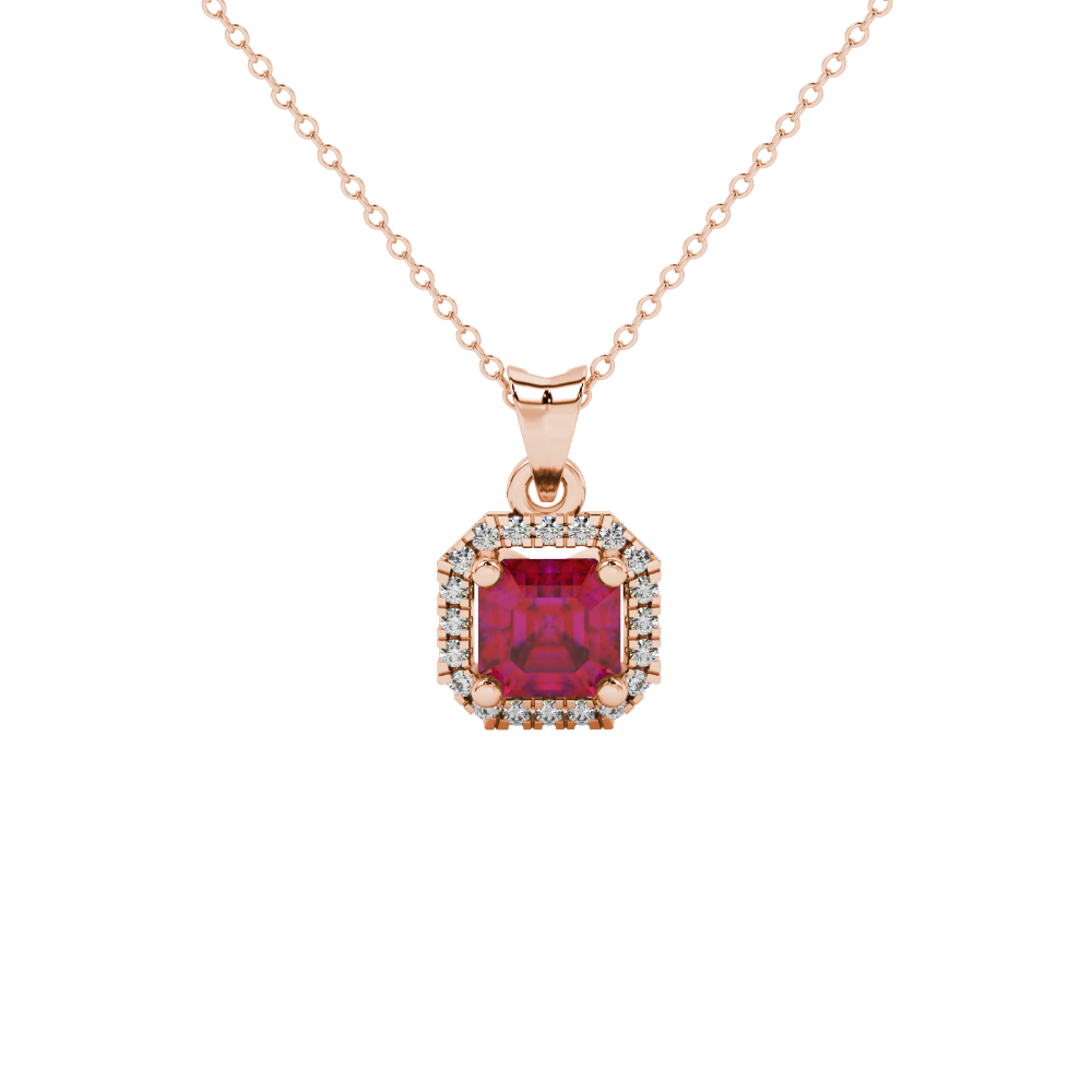 Asscher cut halo gemstone pendant in gold featuring a 5.00 MM center gemstone surrounded by a sparkling diamond halo