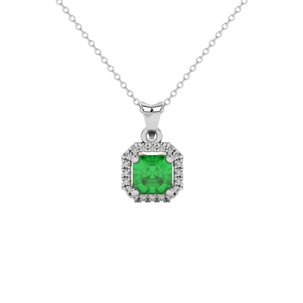 Asscher cut halo gemstone pendant in gold featuring a 5.00 MM center gemstone surrounded by a sparkling diamond halo