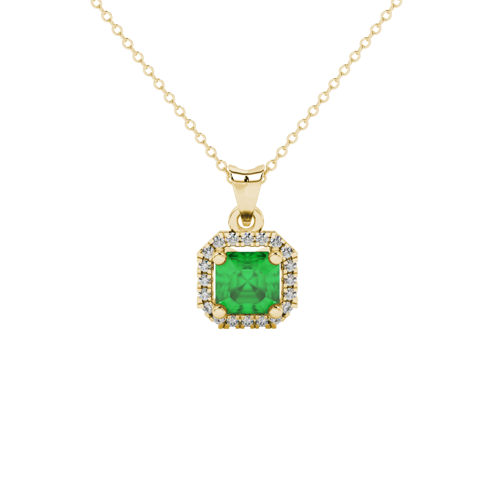 Asscher cut halo gemstone pendant in gold featuring a 5.00 MM center gemstone surrounded by a sparkling diamond halo