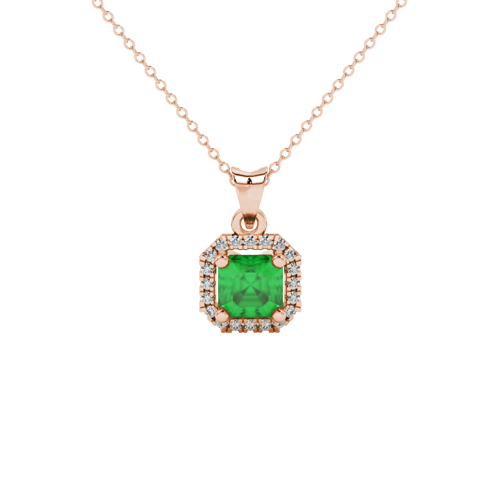 Asscher cut halo gemstone pendant in gold featuring a 5.00 MM center gemstone surrounded by a sparkling diamond halo