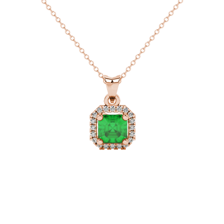 Asscher cut halo gemstone pendant in gold featuring a 5.00 MM center gemstone surrounded by a sparkling diamond halo