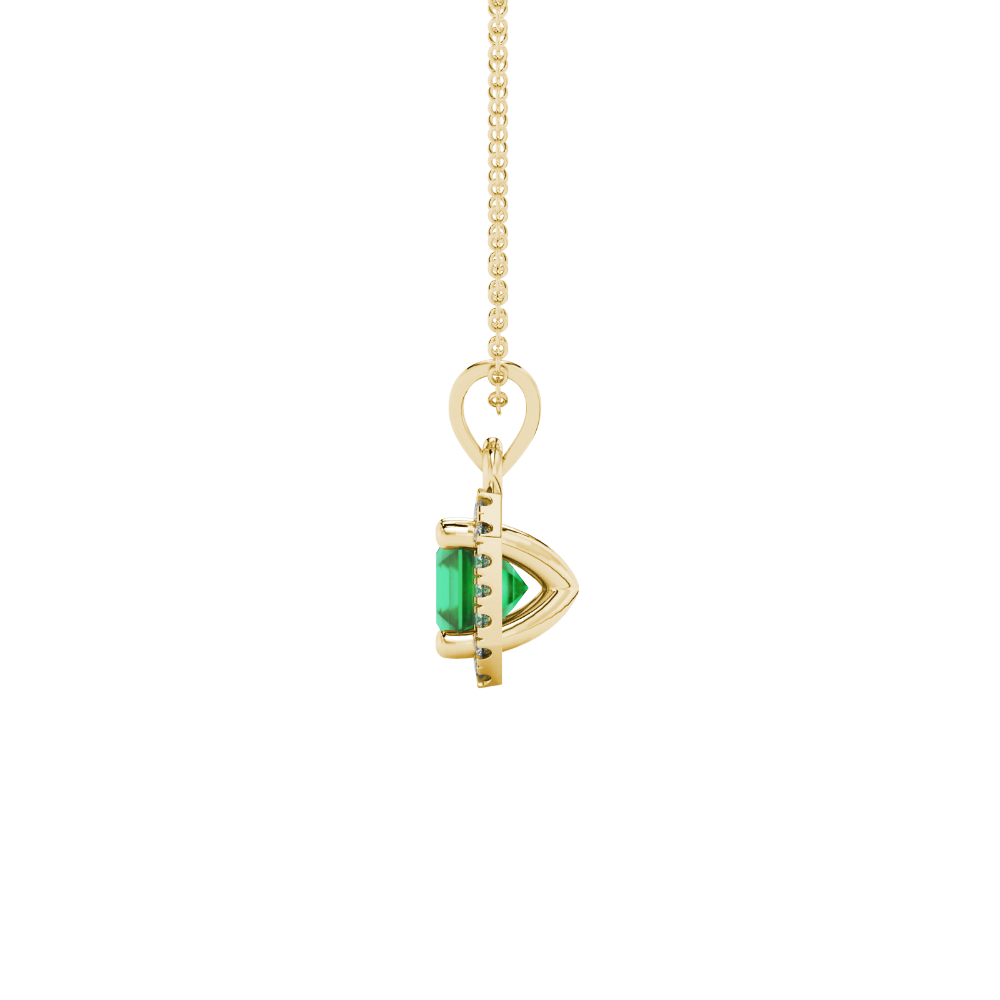 Asscher cut halo gemstone pendant in gold featuring a 5.00 MM center gemstone surrounded by a sparkling diamond halo