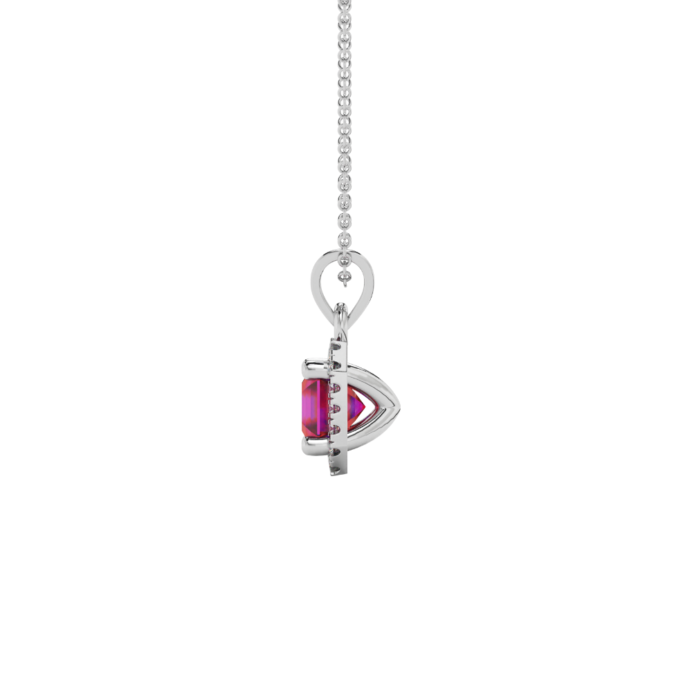 Asscher cut halo gemstone pendant in gold featuring a 5.00 MM center gemstone surrounded by a sparkling diamond halo
