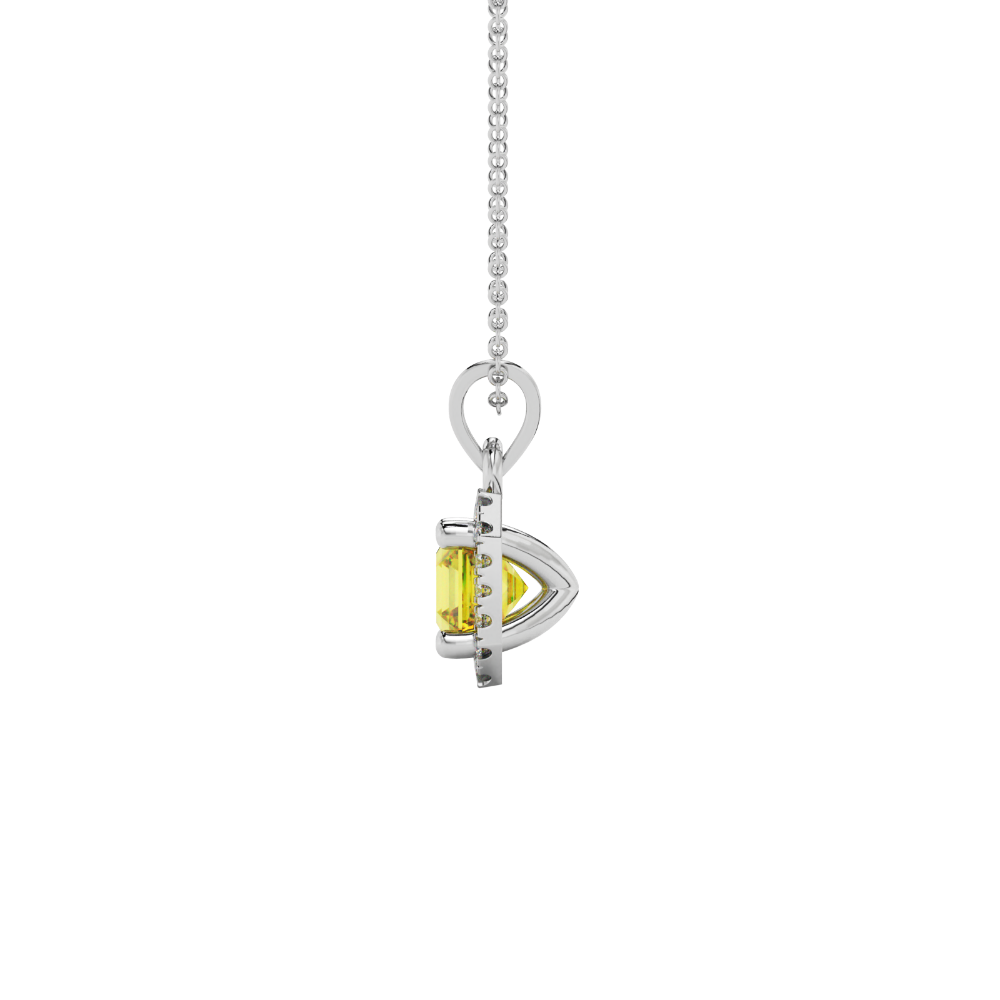 Asscher cut halo gemstone pendant in gold featuring a 5.00 MM center gemstone surrounded by a sparkling diamond halo