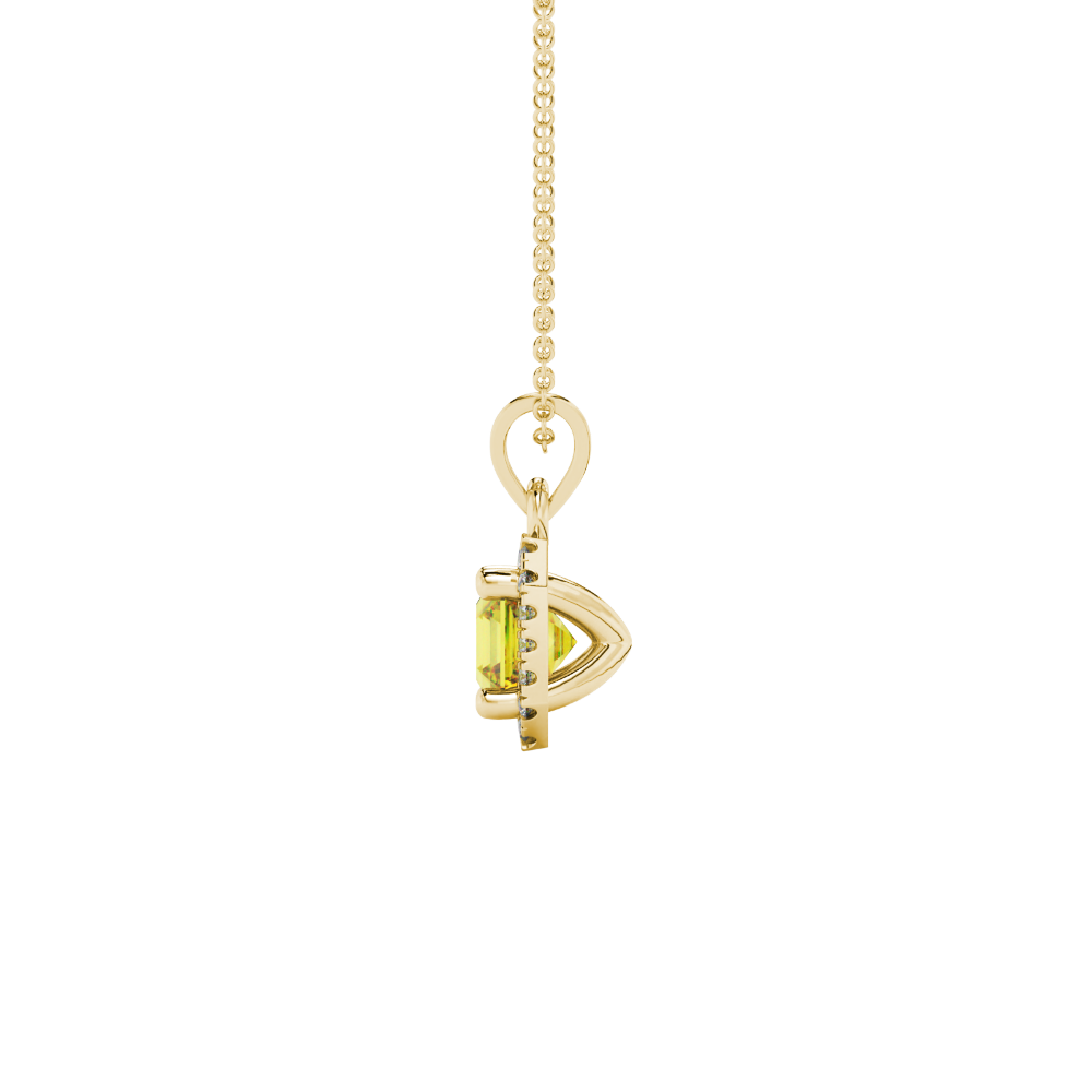 Asscher cut halo gemstone pendant in gold featuring a 5.00 MM center gemstone surrounded by a sparkling diamond halo