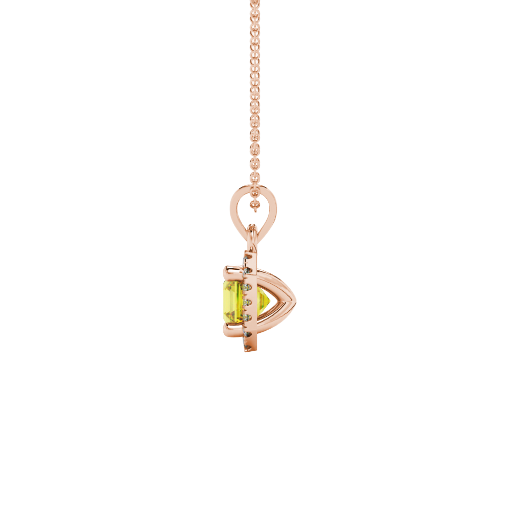 Asscher cut halo gemstone pendant in gold featuring a 5.00 MM center gemstone surrounded by a sparkling diamond halo