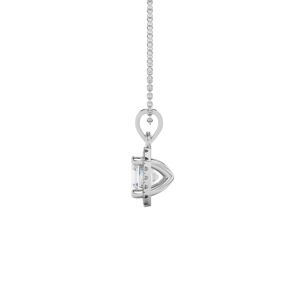 Asscher cut halo gemstone pendant in gold featuring a 5.00 MM center gemstone surrounded by a sparkling diamond halo