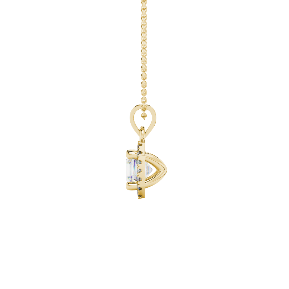 Asscher cut halo gemstone pendant in gold featuring a 5.00 MM center gemstone surrounded by a sparkling diamond halo