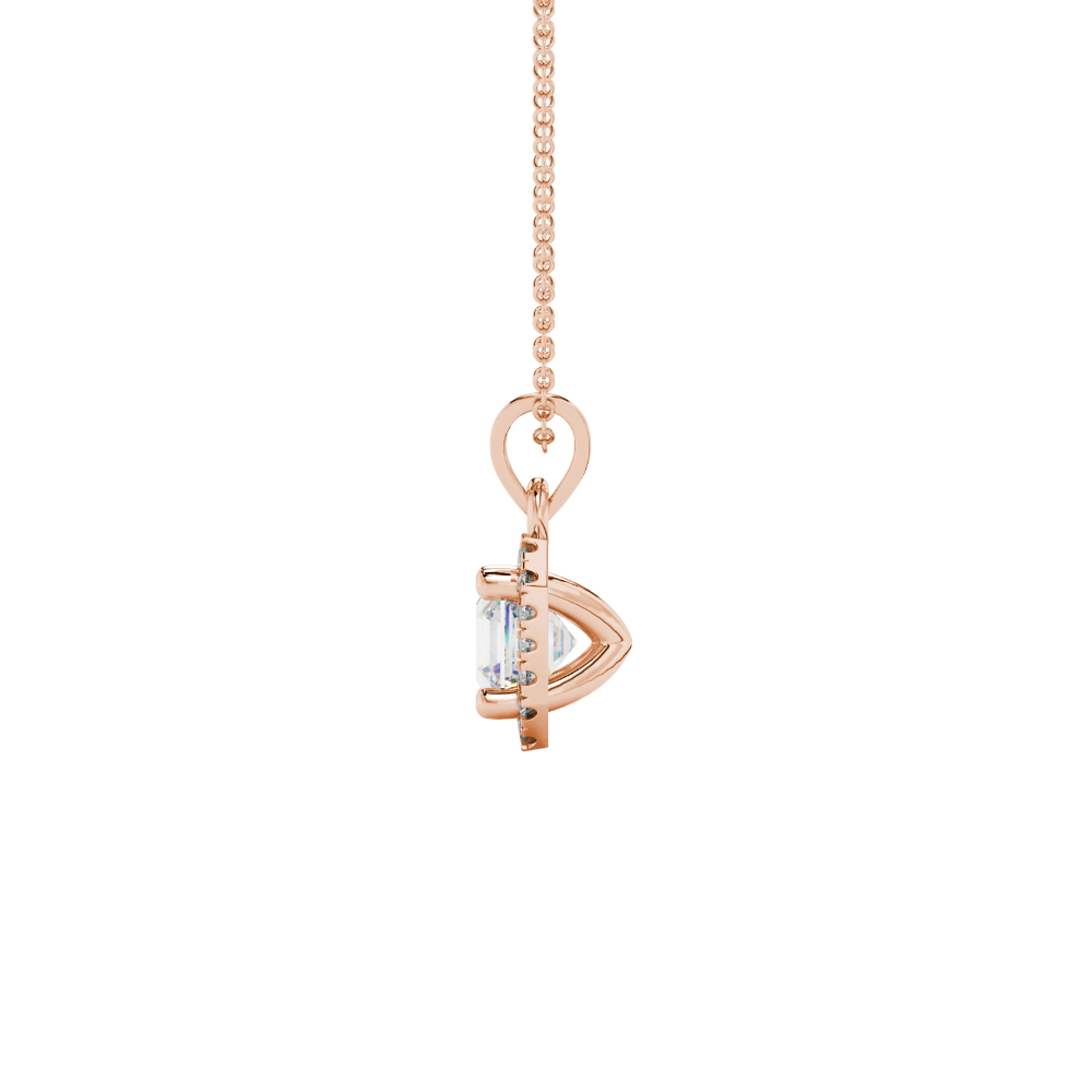 Asscher cut halo gemstone pendant in gold featuring a 5.00 MM center gemstone surrounded by a sparkling diamond halo
