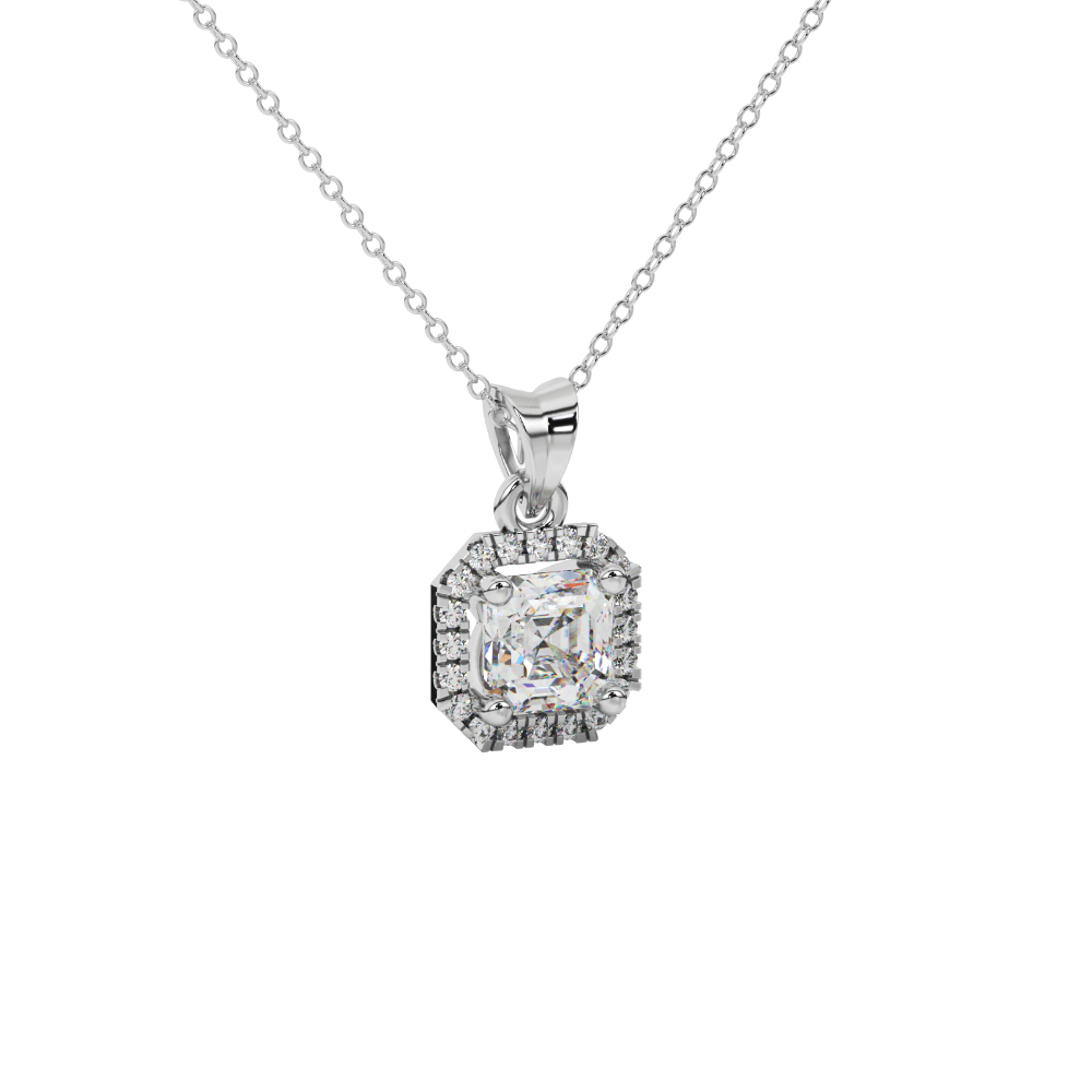Asscher cut halo gemstone pendant in gold featuring a 5.00 MM center gemstone surrounded by a sparkling diamond halo