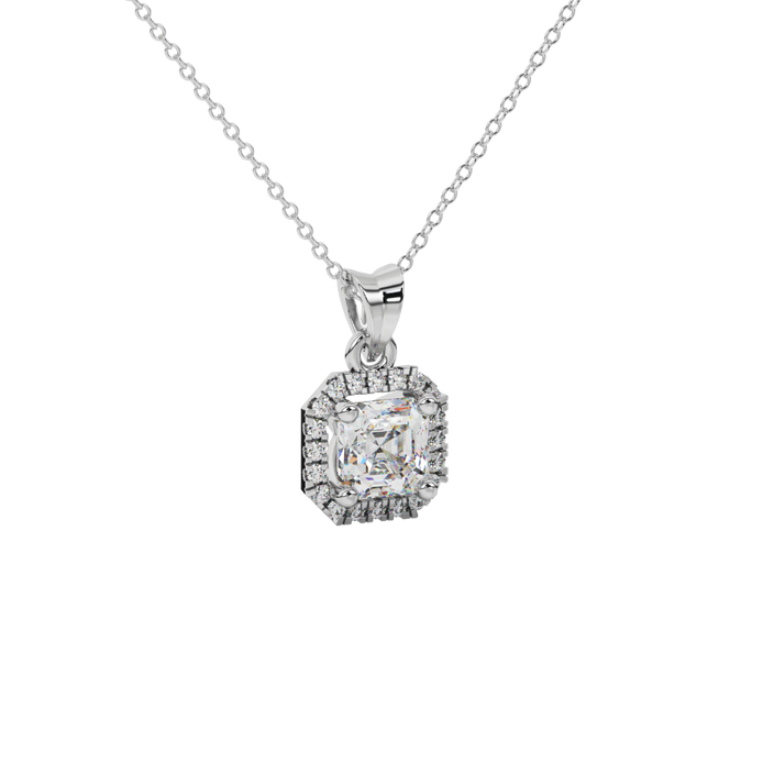 Asscher cut halo gemstone pendant in gold featuring a 5.00 MM center gemstone surrounded by a sparkling diamond halo