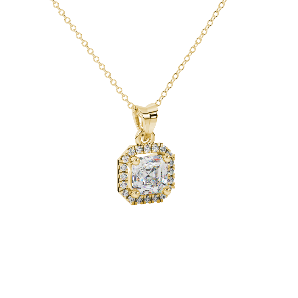 Asscher cut halo gemstone pendant in gold featuring a 5.00 MM center gemstone surrounded by a sparkling diamond halo
