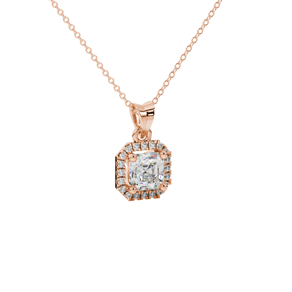 Asscher cut halo gemstone pendant in gold featuring a 5.00 MM center gemstone surrounded by a sparkling diamond halo