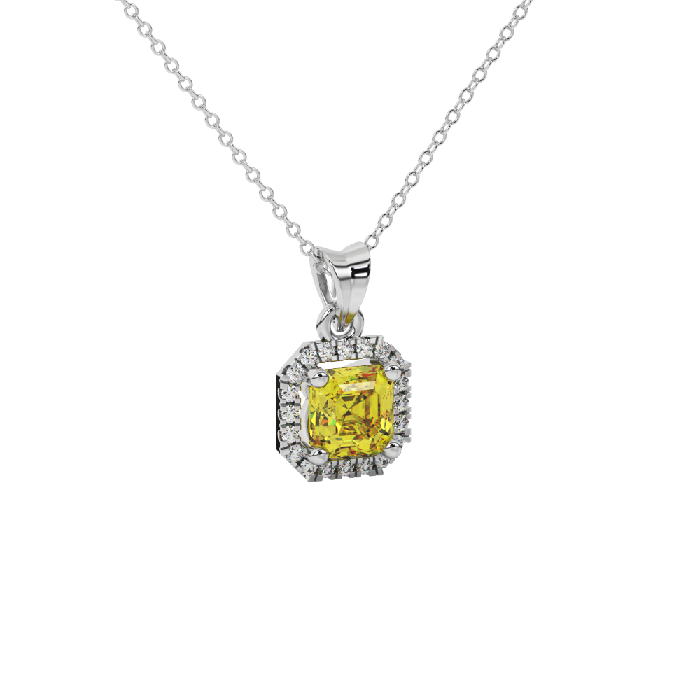 Asscher cut halo gemstone pendant in gold featuring a 5.00 MM center gemstone surrounded by a sparkling diamond halo