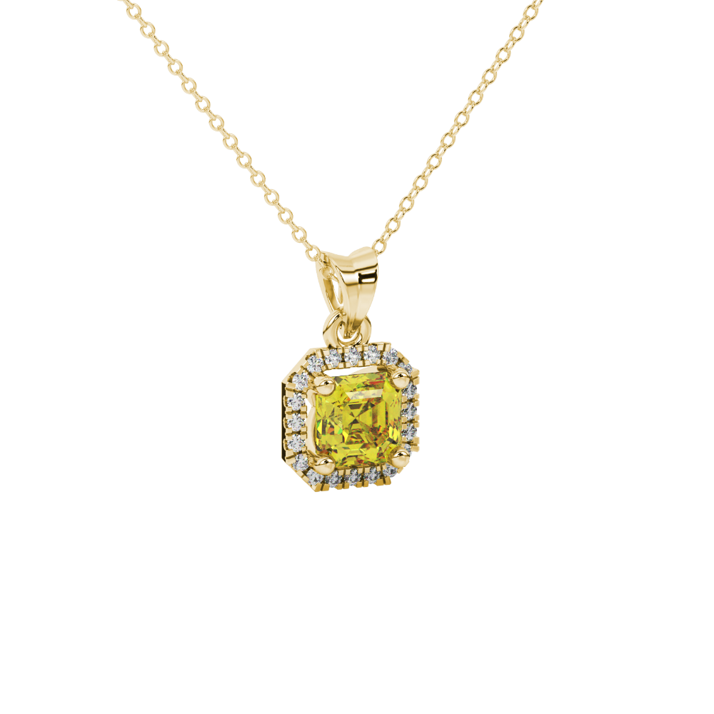 Asscher cut halo gemstone pendant in gold featuring a 5.00 MM center gemstone surrounded by a sparkling diamond halo