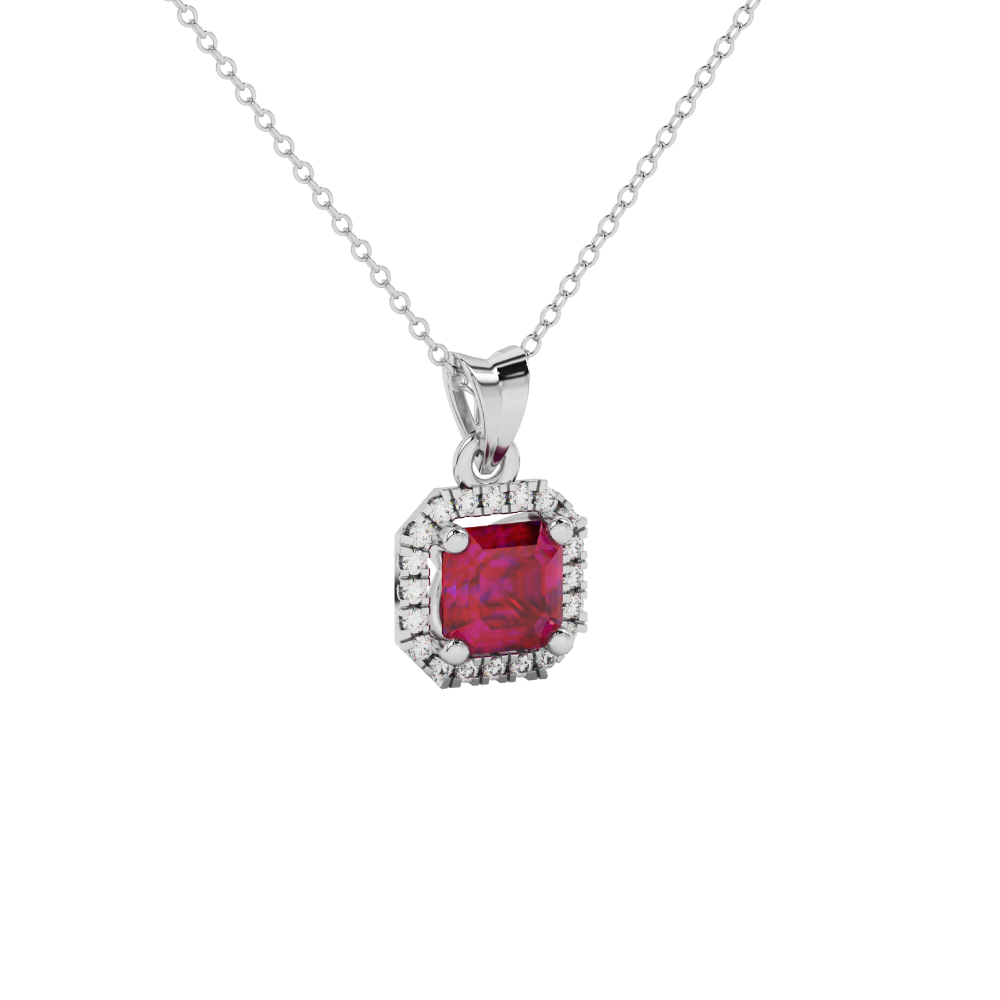 Asscher cut halo gemstone pendant in gold featuring a 5.00 MM center gemstone surrounded by a sparkling diamond halo
