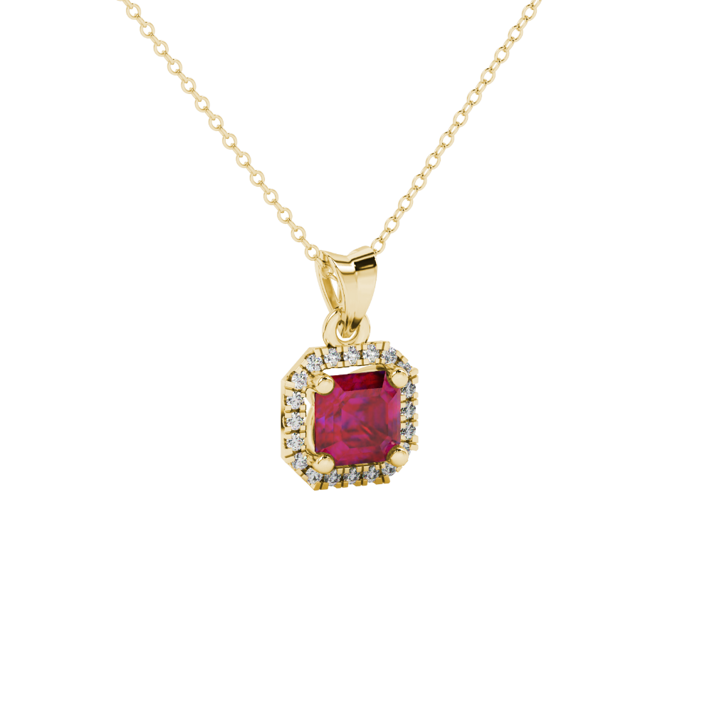 Asscher cut halo gemstone pendant in gold featuring a 5.00 MM center gemstone surrounded by a sparkling diamond halo