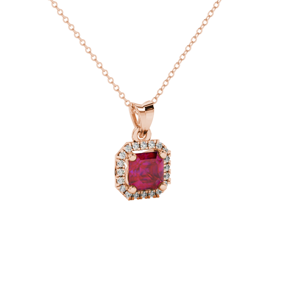 Asscher cut halo gemstone pendant in gold featuring a 5.00 MM center gemstone surrounded by a sparkling diamond halo