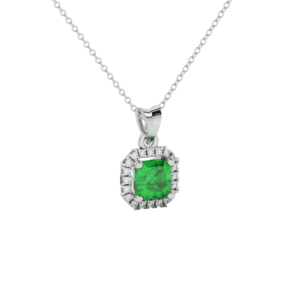 Asscher cut halo gemstone pendant in gold featuring a 5.00 MM center gemstone surrounded by a sparkling diamond halo