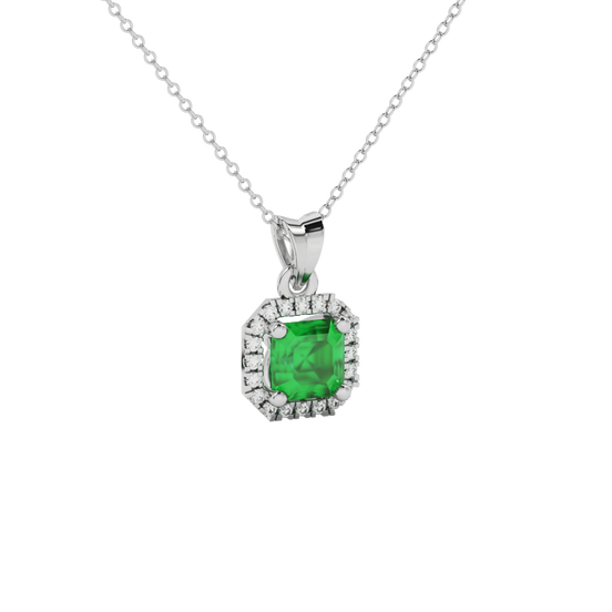 emerald green gemstone halo pendant in white gold
