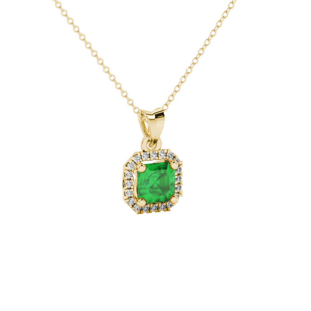 Asscher cut halo gemstone pendant in gold featuring a 5.00 MM center gemstone surrounded by a sparkling diamond halo