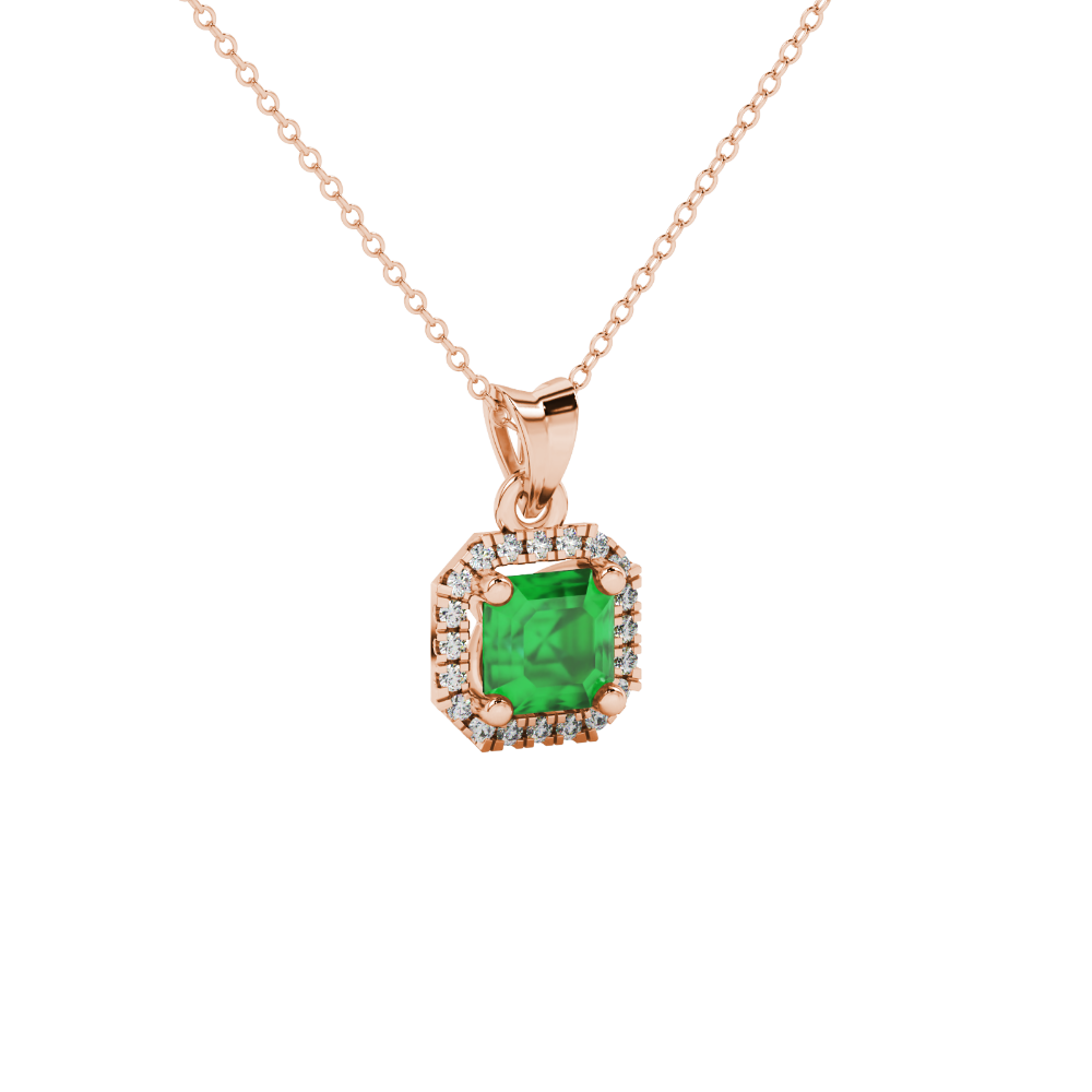 Asscher cut halo gemstone pendant in gold featuring a 5.00 MM center gemstone surrounded by a sparkling diamond halo