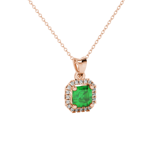 emerald green gemstone halo pendant in rose gold
