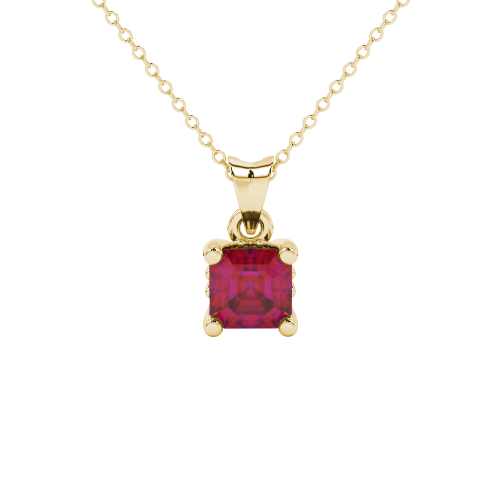 Asscher cut solitaire pendant in gold featuring a 5.00 MM square gemstone in a classic four-prong setting